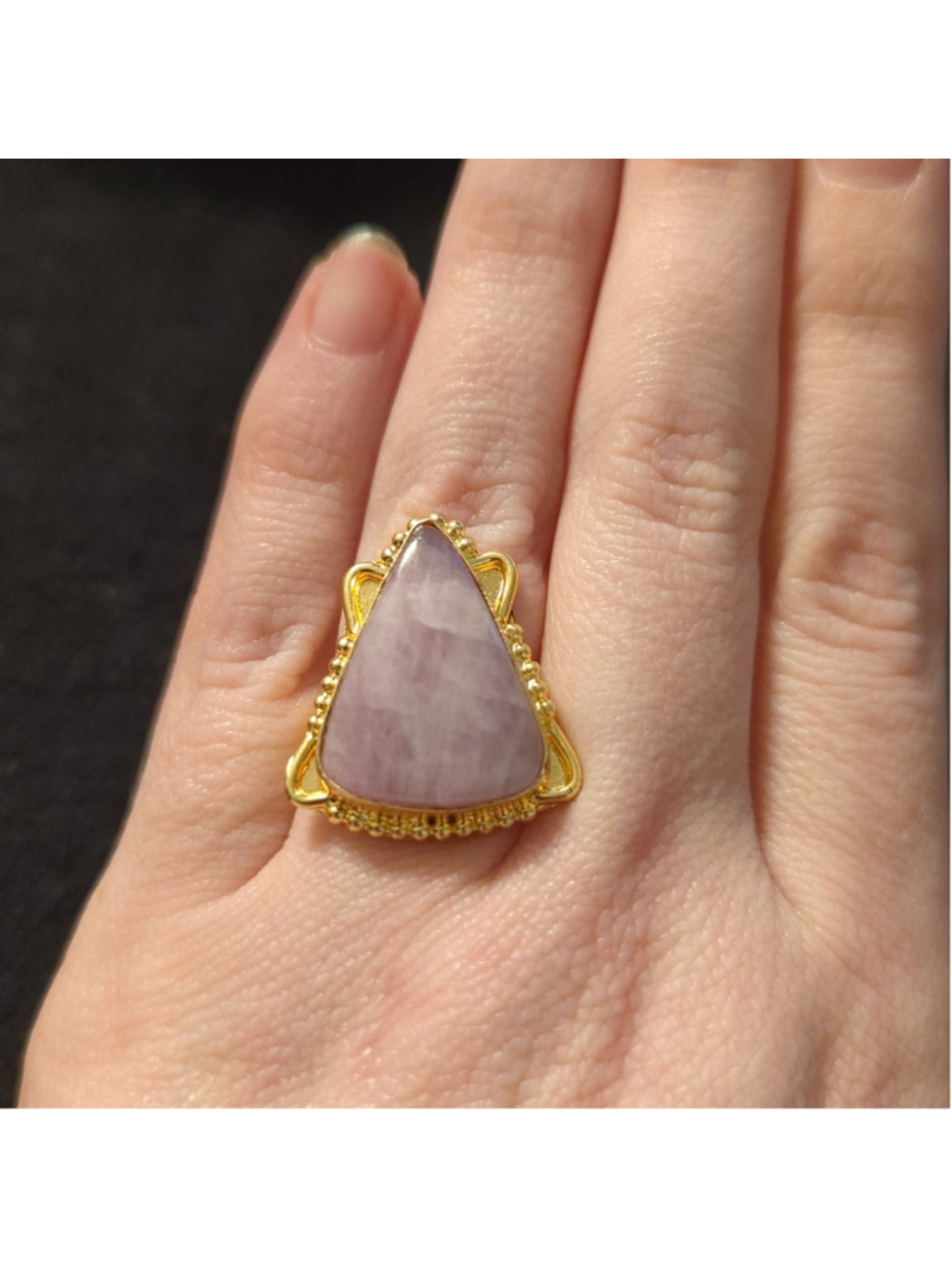 Gold Plated Triangle Pastel Purple Kunzite Gemstone Statement Ring - size 7